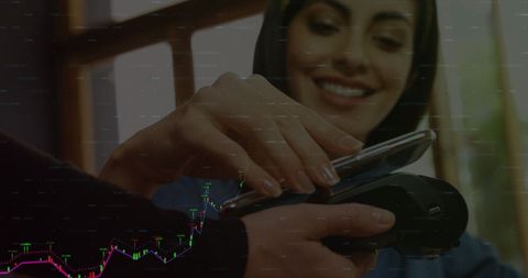 Contactless Payment Method with Smiling Woman and Financial Graph