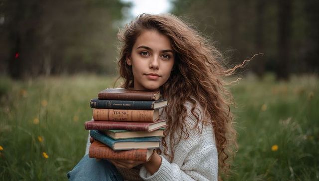 Teen girl holding stack of vintage books in meadow, curly hair cozy sweater portrait