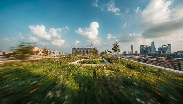 Rooftop garden radial motion blur highlighting raised planters and urban skyline