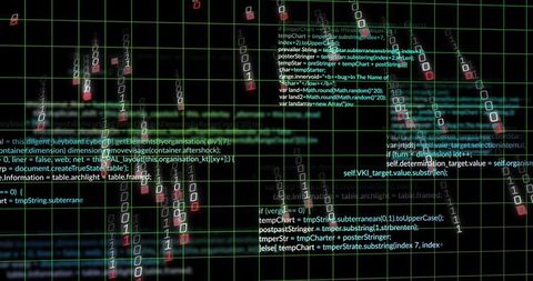 Neon Cyber Code and Binary Data Streams Flowing Over Green Grid Matrix Interface
