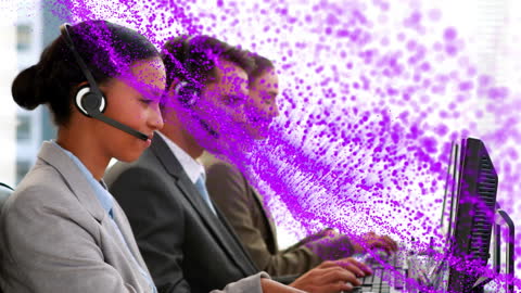 Energetic Customer Service Team with Vibrant Digital Overlay