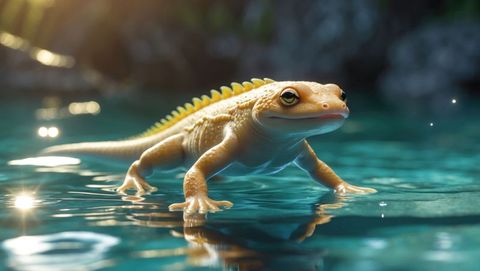 Golden amphibian in sunlit pond with gleaming reflections