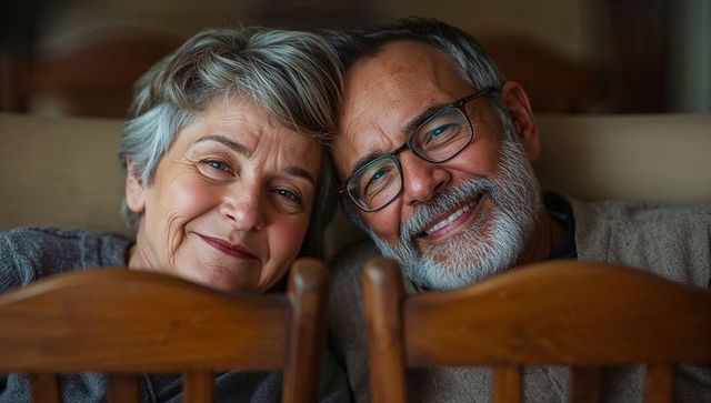 Smiling senior couple leaning on wooden chairs in cozy living room wearing knit sweaters, glasses