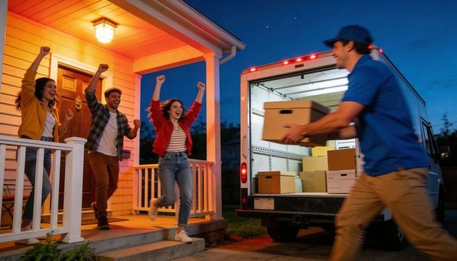 Cheering friends on porch while mover unloading boxes from truck at twilight