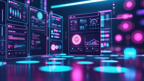 Holographic Data Analytics Panels in Futuristic Neon Environment