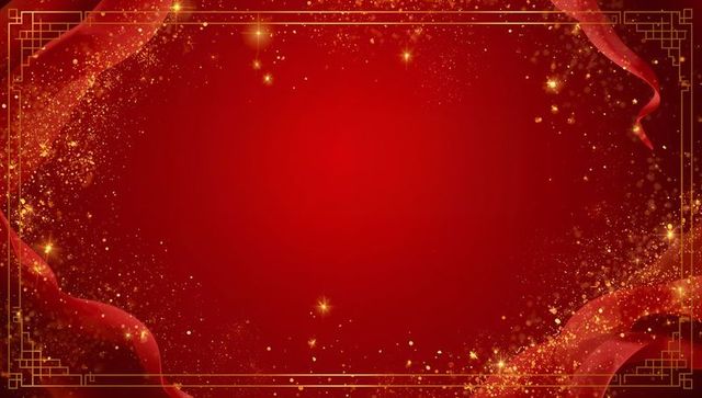 Celebrating red and gold frame with glittering ribbon swirls and sparkling dust