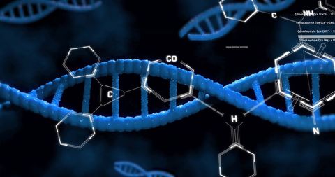 digital dna strand with chemical formulas on black background - Download Free Stock Images Pikwizard.com