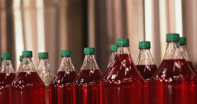 Plastic bottles filled with red liquid are lined up on a manufacturing line in a factory. This image captures an essential stage in beverage production and can be used for industry-related articles, advertising for bottling companies, or educational content on manufacturing processes.