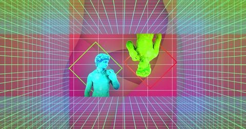 Futuristic digital art with sculptures and colorful geometric patterns