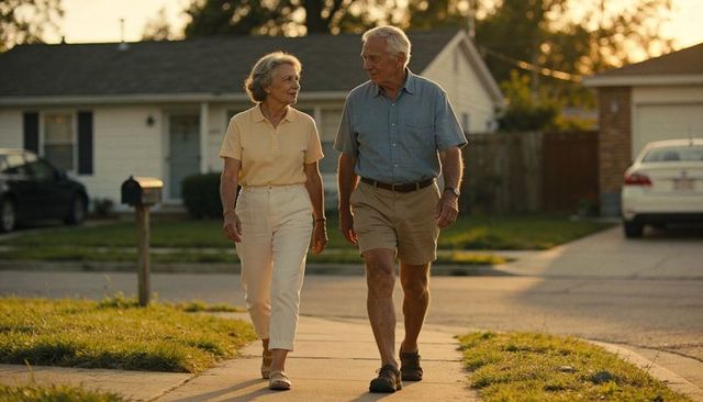 Walking senior couple enjoying golden hour stroll through quiet suburban neighborhood
