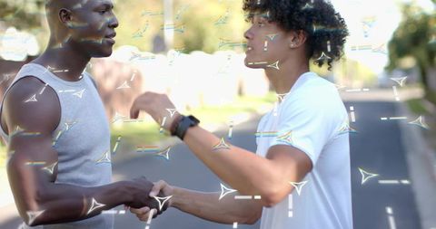 Two Men Shaking Hands on Suburban Street Casual Greeting Friendship Outdoors