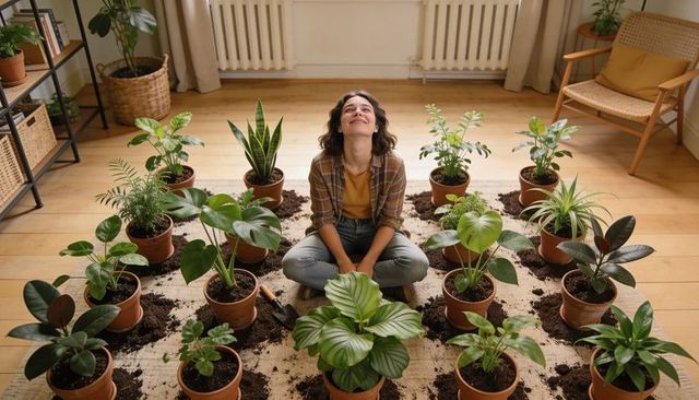 Smiling woman enjoying indoor plant care surrounded by terracotta pots and lush greenery