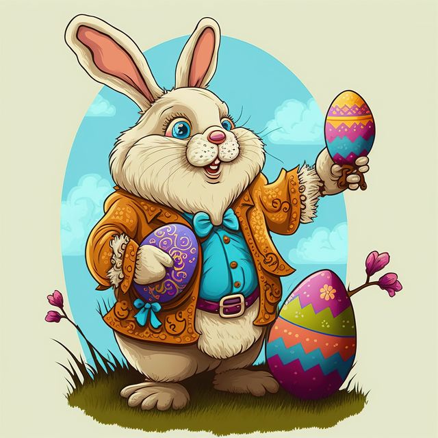 Easter rabbit holding easter eggs with flowers on field, created using generative ai technology. Easter and celebration concept digitally generated image.