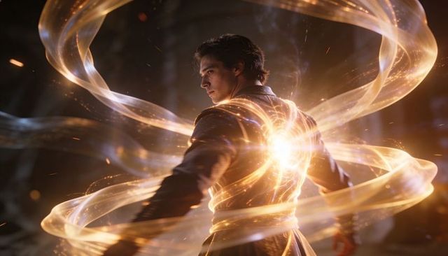 Sorcerer Channeling Golden Energy Ribbons into Radiant Core for Cinematic Fantasy Magic