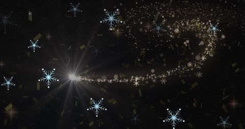 Festive snowflakes and sparkling confetti on black