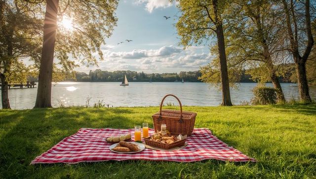 Relaxing lakeside picnic on red gingham blanket with wicker hamper, pastries and juice