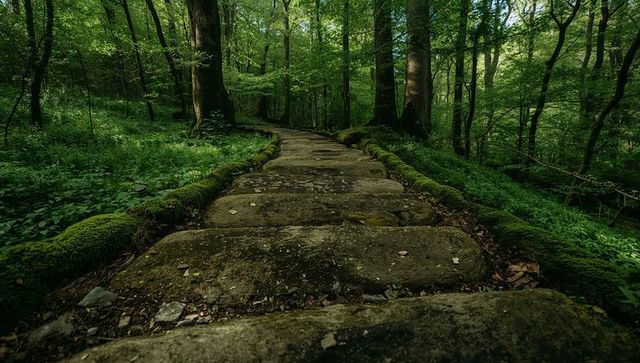 Moss-covered stone steps winding through lush green forest canopy pathway at dawn