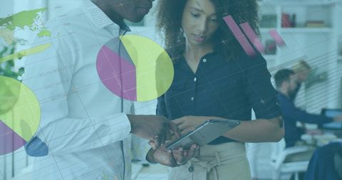 Diverse Professionals Analyzing Tablet with Overlaid Financial Data