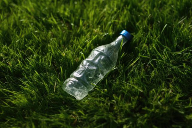 Plastic bottle with blue top on grass background, created using generative ai technology. Recycling, environment and climate change awareness concept digitally generated image.