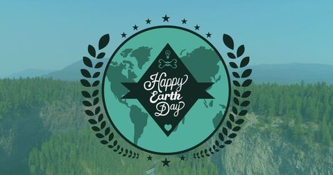 Happy Earth Day Celebration Emblem Over Pristine Forest Landscape