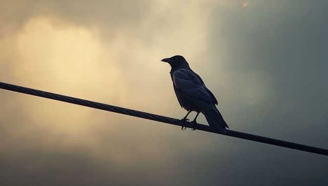 Silhouetted Crow Perching on Wire Against Cloudy Twilight Sky