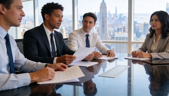 Executive team presenting strategy in highrise glass-walled boardroom with Manhattan skyline view