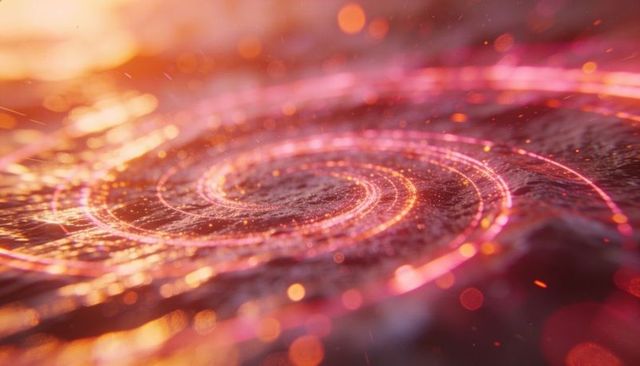 Glowing concentric spiral rings on grooved metallic surface with bokeh sparks