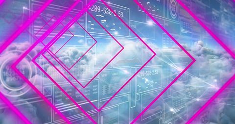 Futuristic neon frames with holographic interface in cloudscape