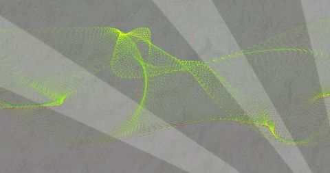 Neon Green Particle Ribbon Flowing Across Textured Gray Canvas with Radiant Beam Stripes