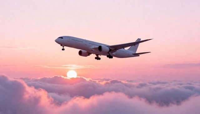 Widebody airliner flying at sunrise above pastel clouds with landing gear extended