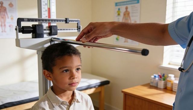 Clinician measuring school-age boy height at pediatric clinic using stadiometer