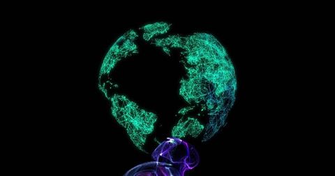 Glowing wireframe globe hovering above neon smoke, teal network mesh and cyber topology