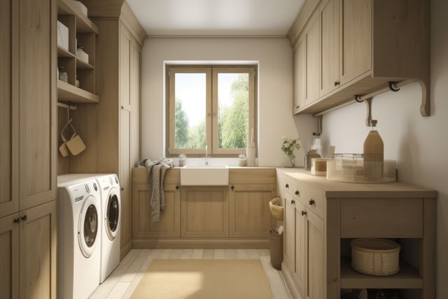General view of utility room with wooden furniture, created using generative ai technology - Download Free Stock Photos Pikwizard.com