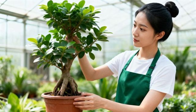Asian woman gardener inspecting bonsai in greenhouse nursery adjusting foliage