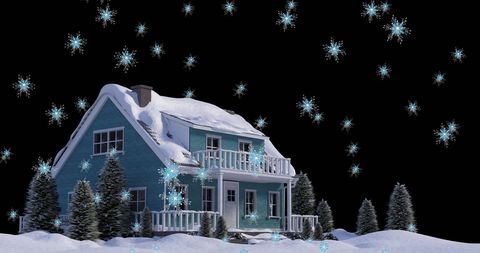 Snowfall Over Cozy House at Night in Winter Wonderland