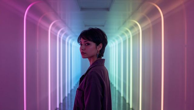 Asian Woman Standing in Neon LED Tunnel Turning Toward Camera with Cinematic Lighting