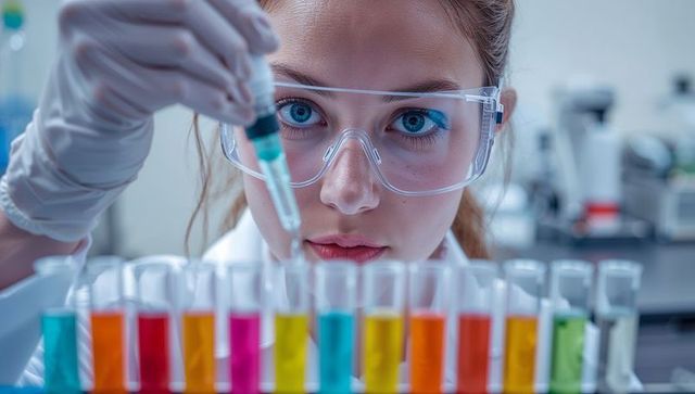 Focused scientist conducting laboratory experiment with dyed examples