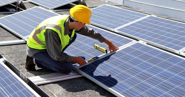 Technician Installing Solar Panels on Rooftop in Bright Sunlight - Download Free Stock Images Pikwizard.com