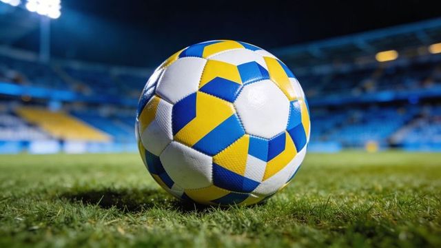 Modern blue yellow soccer ball resting on turf under stadium lights