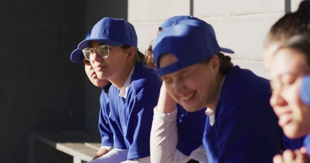 Female Team Members in Blue Uniform Take a Break in Bench Area - Download Free Stock Images Pikwizard.com