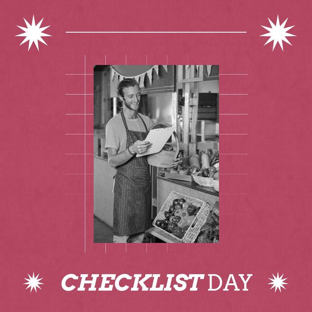 Digital composite image of caucasian vegetable seller holding writing pad with checklist day text - Download Free Stock Videos Pikwizard.com