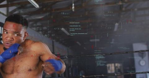 Shirtless boxer throwing powerful punch in boxing ring with futuristic hud overlay and blue hand wra