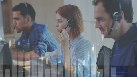 Business Team in Call Center with Data Processing Overlay Visualization