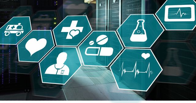 Futuristic Medical Icons Against Modern Server Room Background - Download Free Stock Images Pikwizard.com