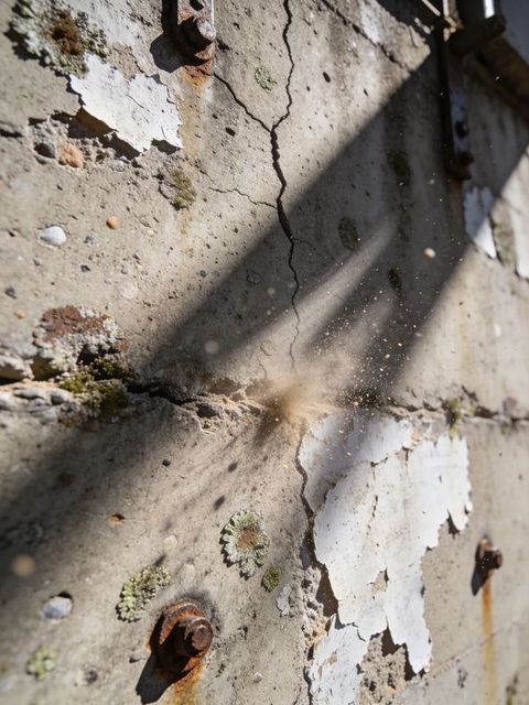 Weathered Concrete Wall with Peeling White Paint, Rusted Bolts, Lichen and Cracks