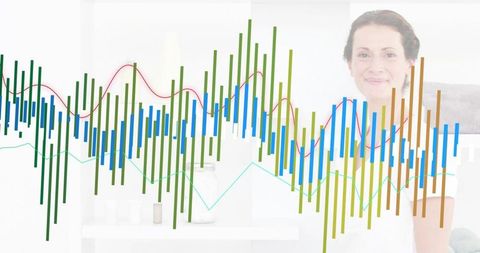 Woman in apron standing in kitchen presenting colorful analytics and infographics