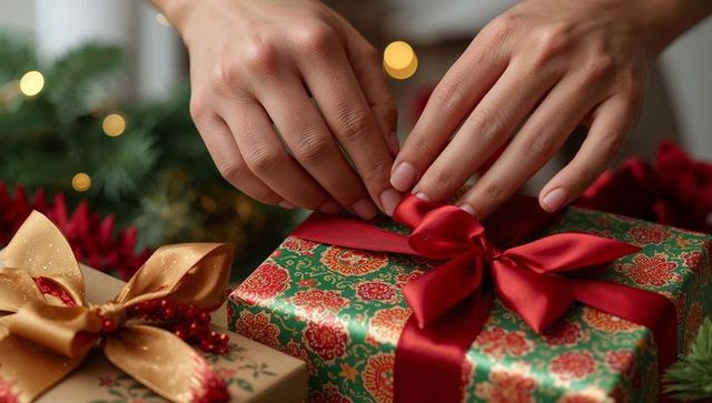 Female Hands Tying Red Satin Bow on Green Patterned Christmas Gift with Gold Accent Ribbon