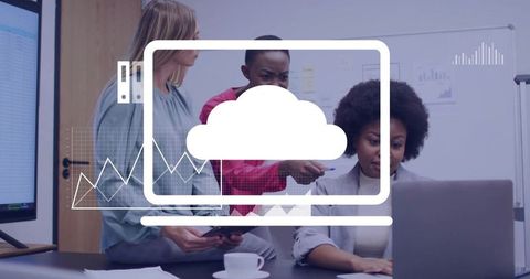 Diverse businesswomen collaborating with laptop and cloud computing