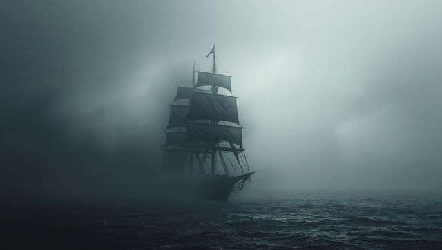 Dramatic sailing ship emerging through misty foggy waters