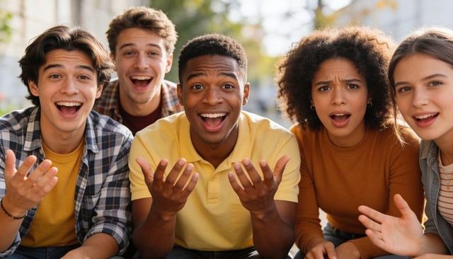 Energetic multiracial college students waving and laughing on urban campus steps, diverse friends